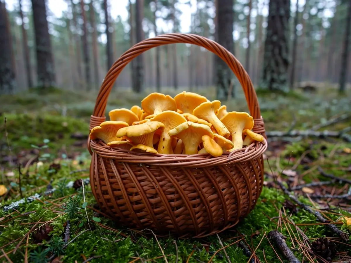Svampkorg med kantareller på mossa i barrskog.