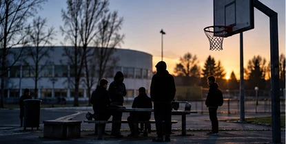 Ungdomar vid en basketplan en sommarkväll.