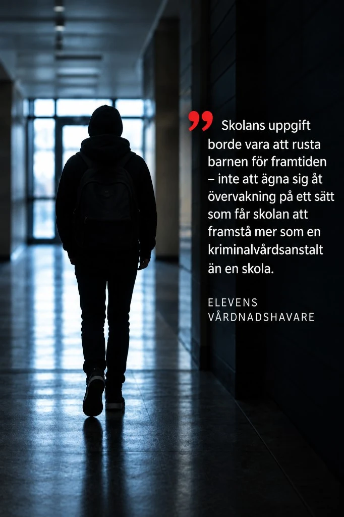 Citatkort: elev i siluett i en mörk skolkorridor, med vårdnadshavarens citat om att skolan inte ska framstå som en kriminalvårdsanstalt.