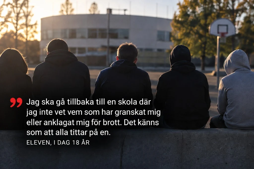 Citatkort: ungdomar på en mur framför Fenix i kvällsljus, med elevens citat om att gå tillbaka till en skola utan att veta vem som granskat eller anklagat honom.