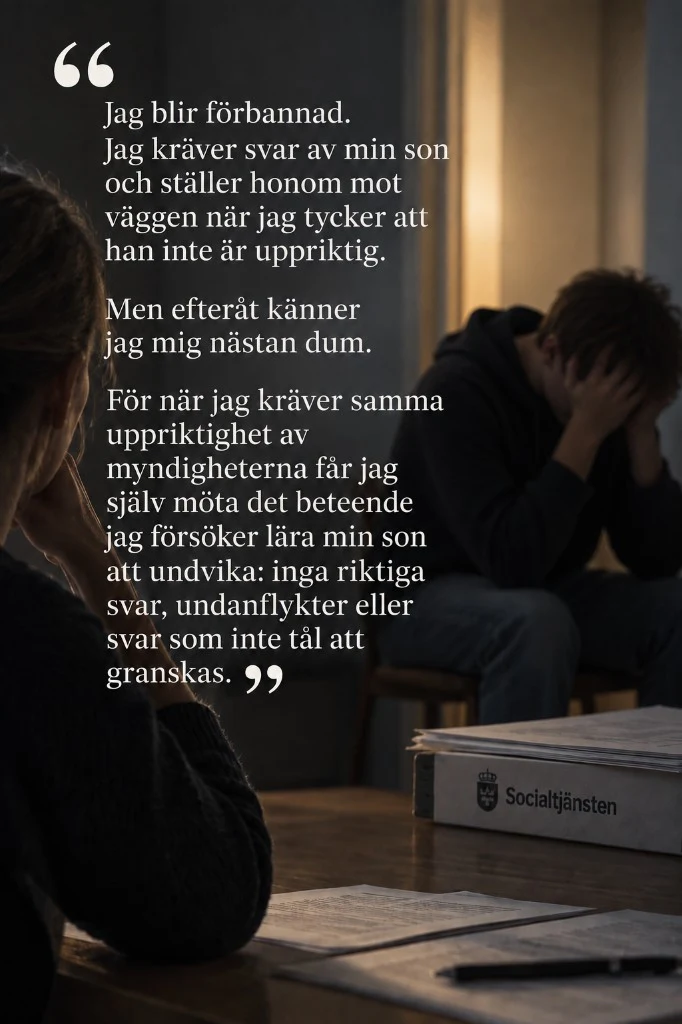 Citatkort: förälder och tonåring vid ett bord med socialtjänstpärm, med vårdnadshavarens citat om att kräva uppriktighet av myndigheterna.