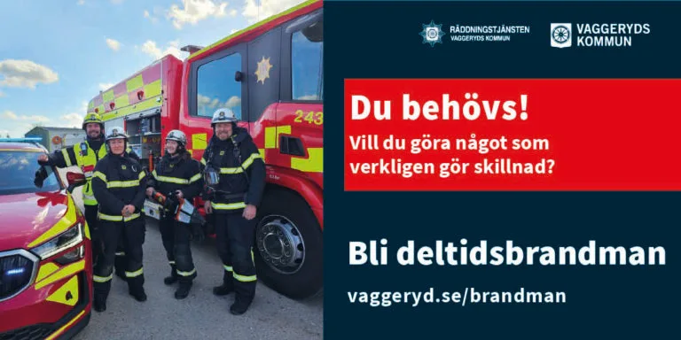 Annonsen visar: Bilder på brandmän och texten: Du behövs! Vill du göra något som verkligen gör skillnad? Bli deltidsbrandman. Länk till vaggeryd.se/brandman