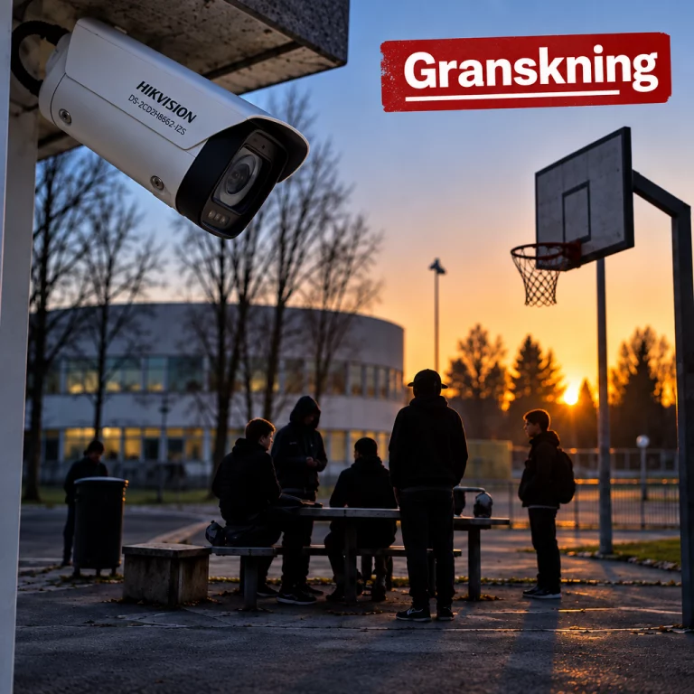 Bild på övervakningskamera och ungdomar vid en skola.