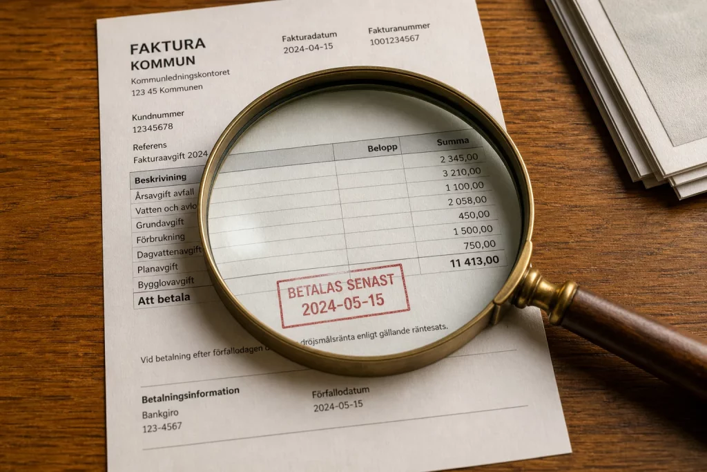 Ett förstoringsglas ligger över en faktura med en röd stämpel.
