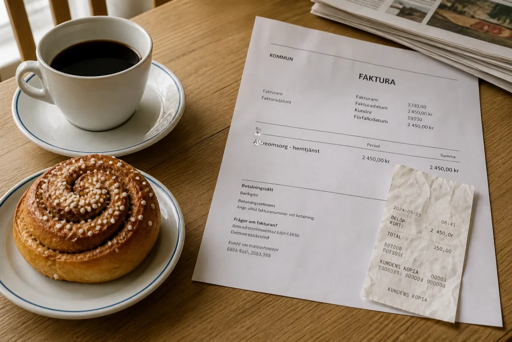 En kopp kaffe och en kanelbulle bredvid en pappersbunt med mynt och rött snöre.