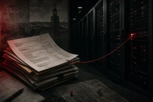 En bunt kommunala handlingar med en röd kabel inkopplad i en dator.