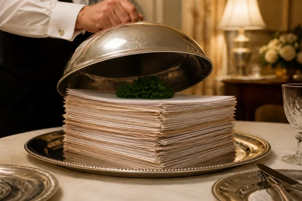 Servitörshand lyfter en cloche över ett silverfat. Under kupan ligger samma slitna pappersbunt som tidigare, nu med en persiljekvist som garnering.